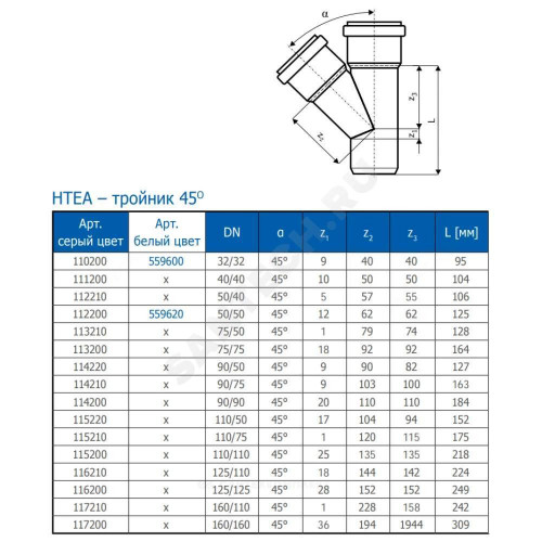 Тройник PP-H сер б/н Дн110х50х45гр перех в/к HTEA Ostendorf 115220