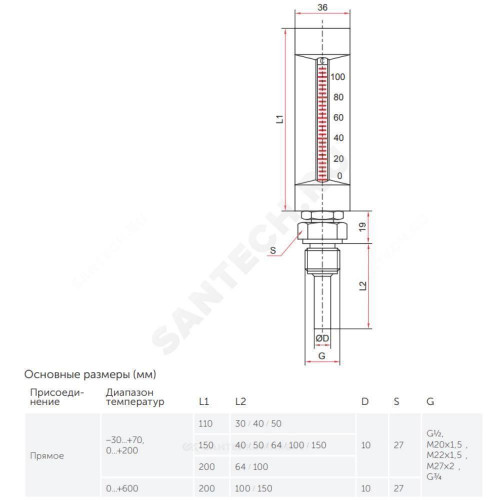 Термометр жидкостной ТТ-В-150 160С L=40 G1/2