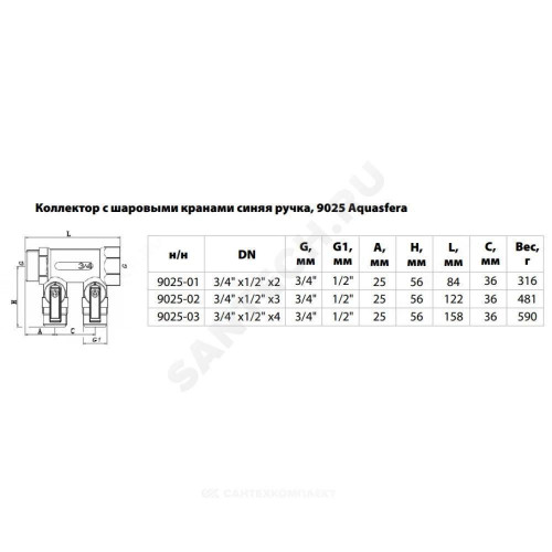 Коллектор лат шар/к син 3/4