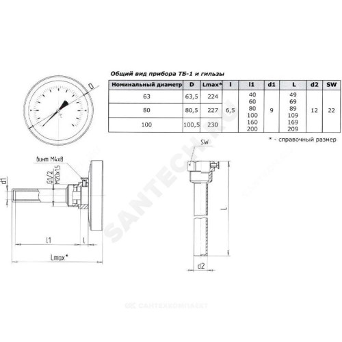 Термометр биметалл ТБ-100-1 60С Дк100 L=60 G1/2