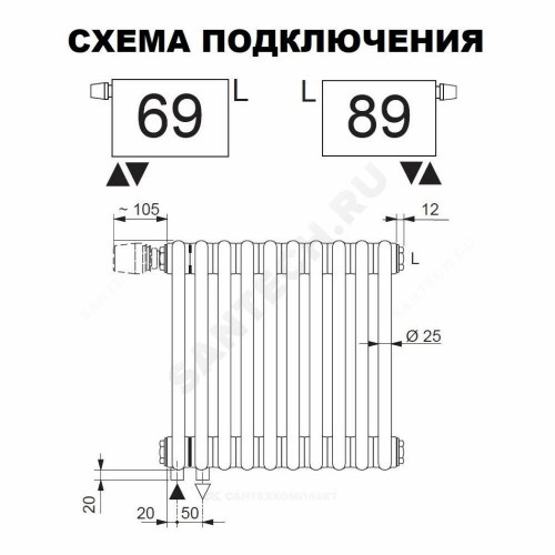 Радиатор трубч 3075V 4 секц т/кл ниж/п N69/89 твв SF F001 (Sky blue) Arbonia