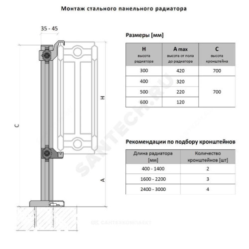 Кронштейн напол панель рад H=300-600мм тип 20/21/22 креп/реш Heaton КНZ49.70