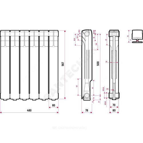 Радиатор алюм Delta Plus S500A7 500 6 секц 858Вт Ogint