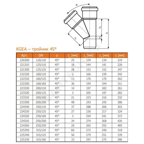 Тройник НПВХ кор б/н Дн160х160х45гр в/к KGEA Ostendorf 222300